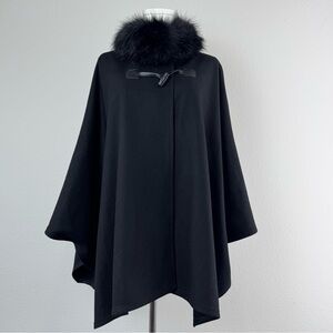 Jones New York Cape Coat One Size Black Faux Fur Collar Poncho Wool Blend